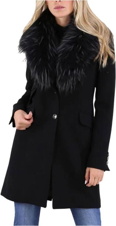 Kocca Gevoerde stretch viscose blend jas met afneembare bontkraag Zwart Dames