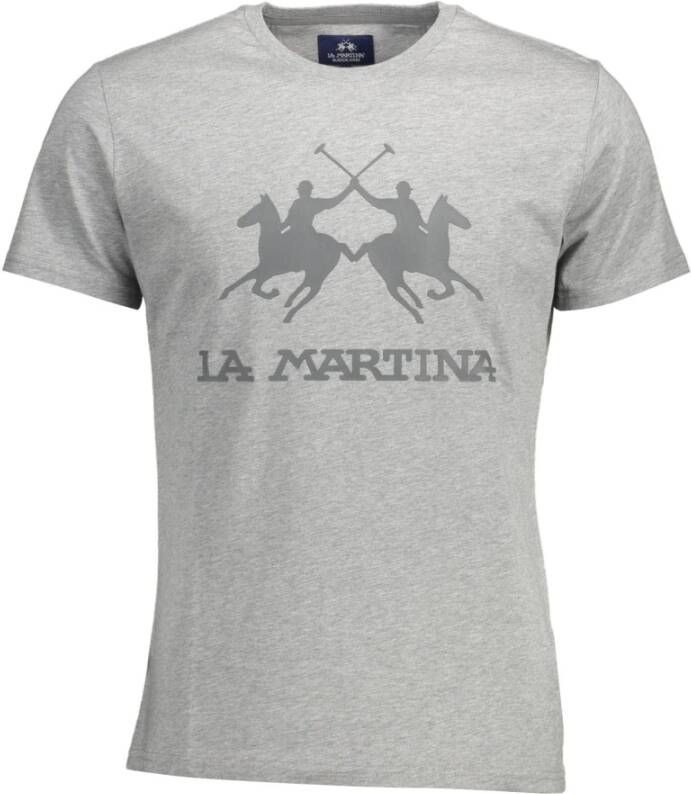 LA MARTINA Grijze Katoenen T-Shirt Korte Mouw Regular Fit Ronde Hals Print Logo Gray Heren