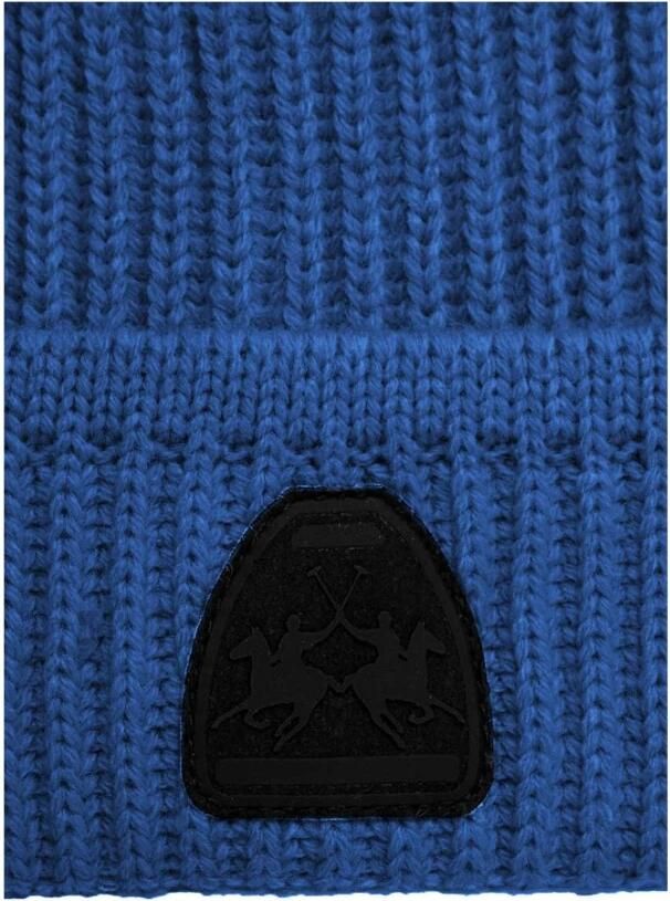 LA MARTINA Polyester Beanie met Rubber Logo Blue Heren