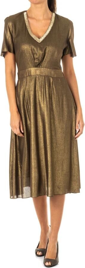 LA MARTINA Bruine Jurk met Korte Mouwen en Gerimpelde Mouwen en Siersteentjes Brown Dames - Foto 3