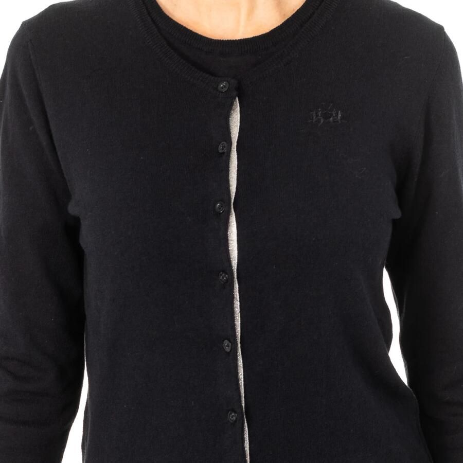 LA MARTINA Zwarte Gebreide Jas met Knoopsluiting en Geborduurd Logo Black Dames