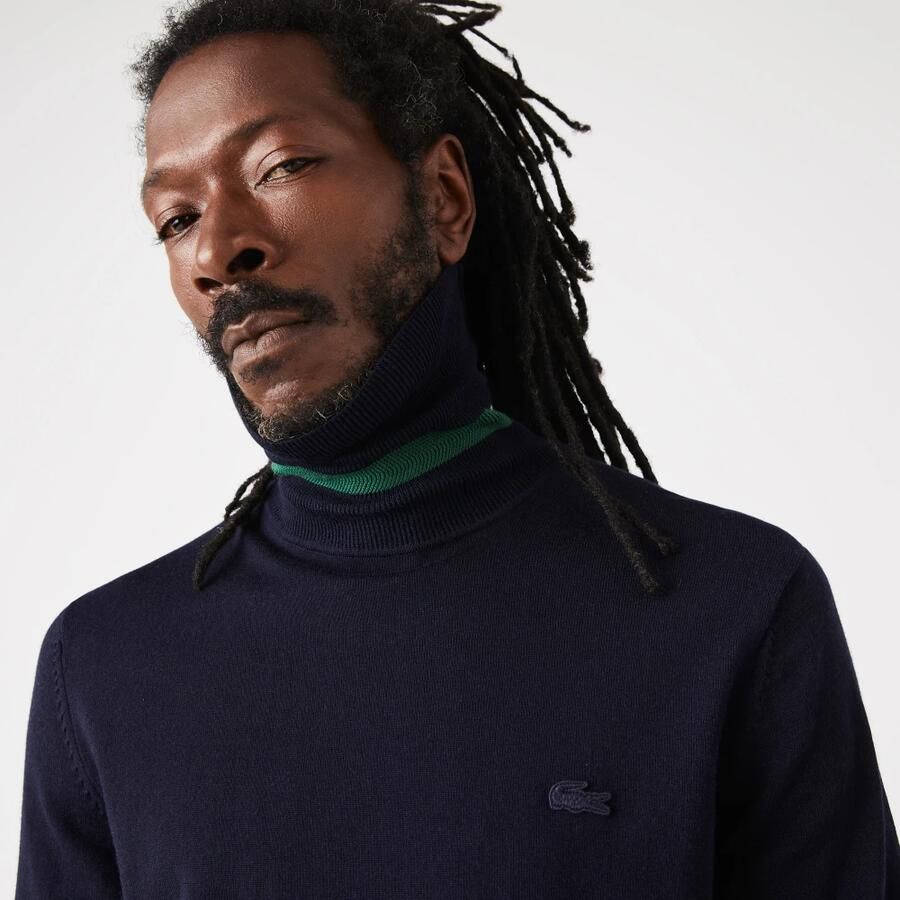 Lacoste Klassieke Heren Merinowollen Coltrui met Hoge Kraag en Geborduurde Krokodil Blue Heren