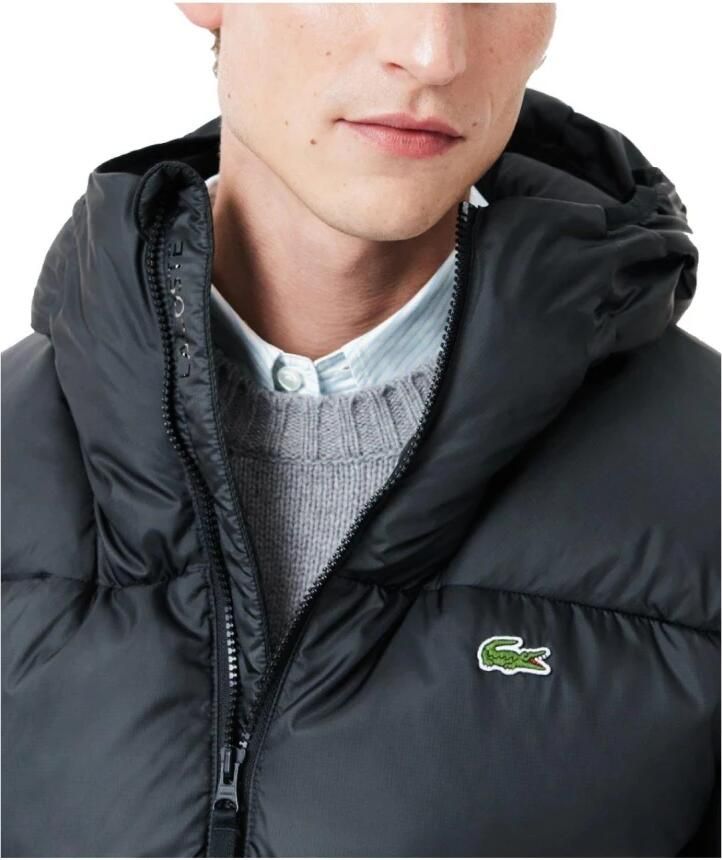 Lacoste Zwarte gewatteerde jas met capuchon Aw24 Black Heren