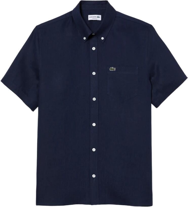 Lacoste regular casual overhemd met linnen donkerblauw - Foto 3