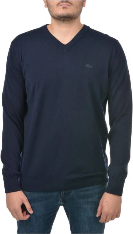 Lacoste V-Hals Gebreide Trui met Krokodil Logo Blauw Heren