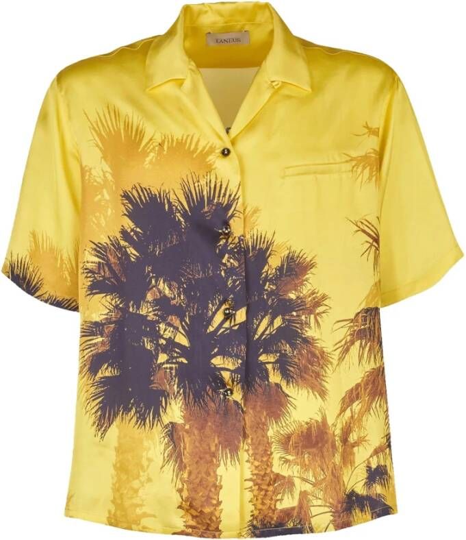 Laneus Gele Palm Patroon Bowling Shirt Yellow Heren