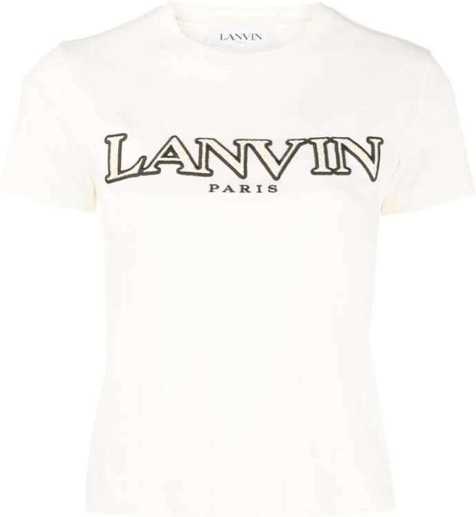 Lanvin Logo-Patch T-Shirt in Zwart Wit en Lichtgeel Beige Dames
