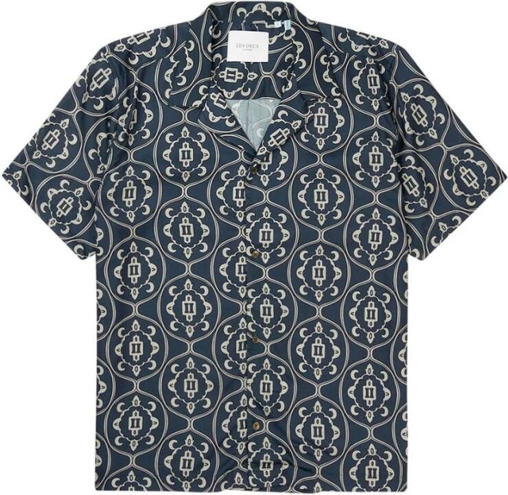 Les Deux Ornament AOP Tencel S S Shirt Dark Navy-Ivory Blauw Heren