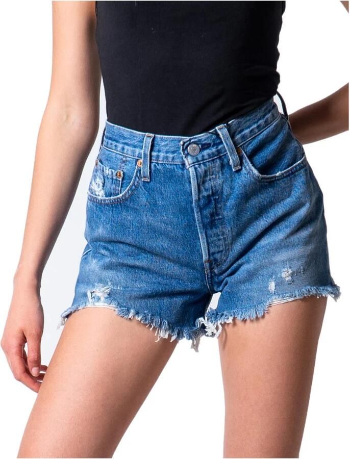 Levi's Blauwe Katoenen Jeans Broek Kort 501 5 Zakken Versleten Effect Logo Blue Dames - Foto 6