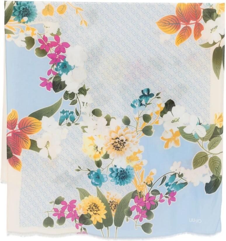 Liu Jo Blauwe sjaal met bloemenprint en rafelrand Blue Dames