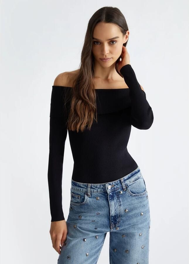 Liu Jo Zwarte Off-Shoulder Sweater met Square Neck Black Dames - Foto 5