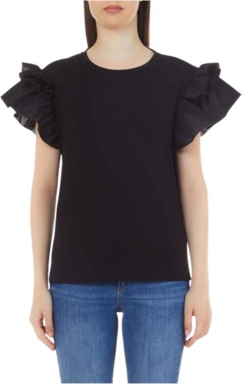 Liu Jo Zwarte Katoenen T-Shirt met Gerimpelde Mouwen Zwart Dames