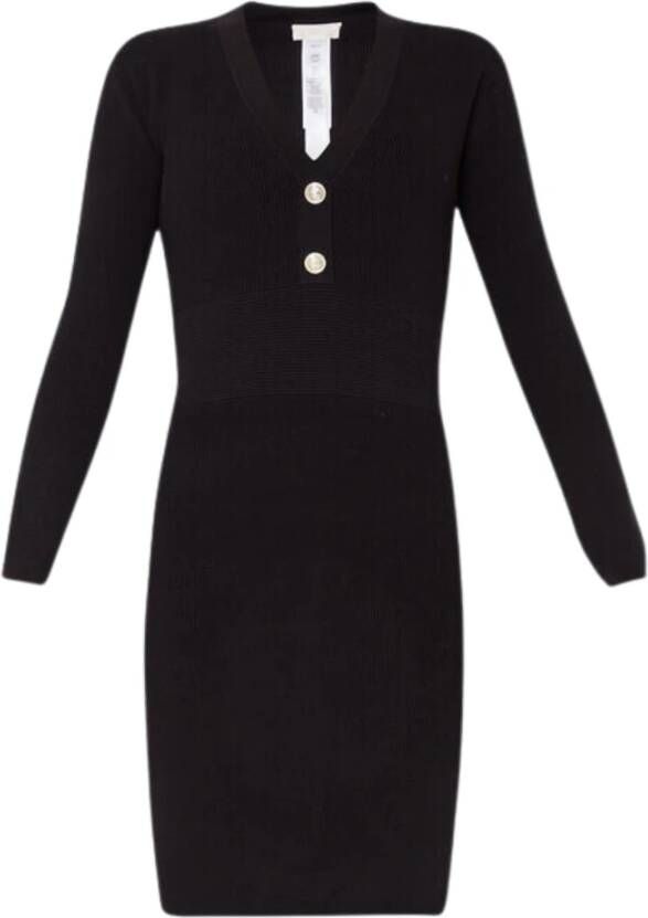 Liu Jo Zwarte Geribbelde V-Hals Jurk met Knoopsluiting Black Dames