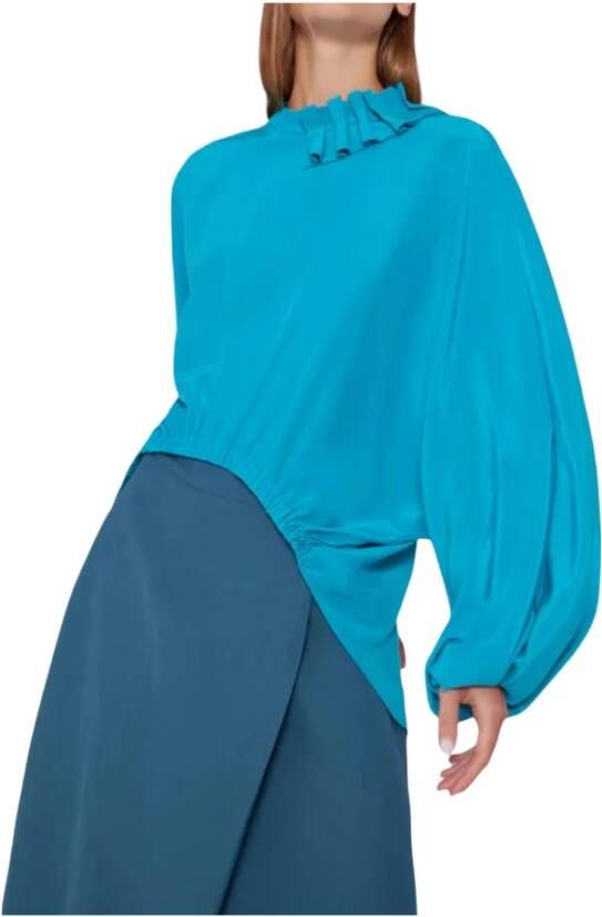 Liviana Conti Heldere Blauwe Zijden Blouse met Elastische Manchetten en Voorste Knoopdetail Blauw Dames