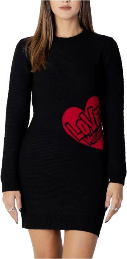Love Moschino Zwarte gebreide jurk met hartpatroon Black Dames