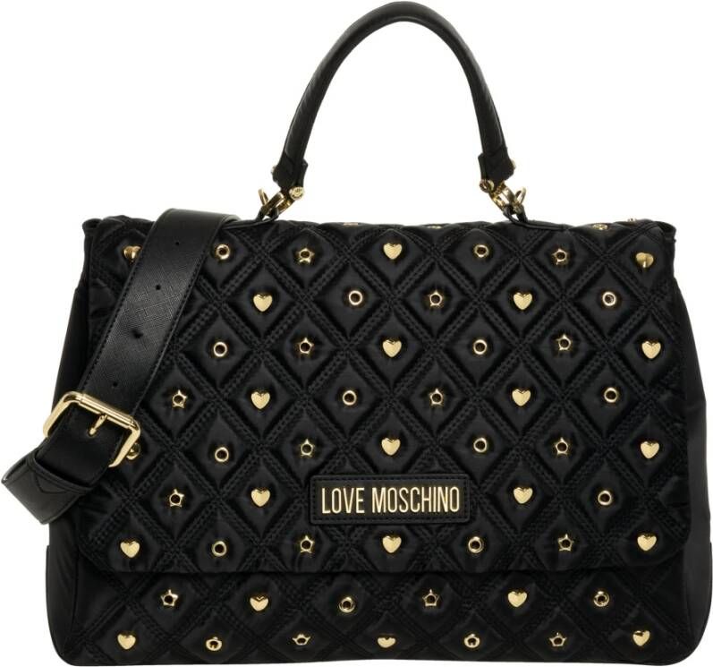 Love Moschino Grote gewatteerde nylon handtas met gouden metalen details Zwart Dames