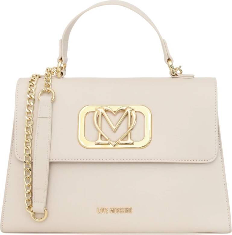 Love Moschino Elegante Ivory Handtas met Metalen Monogram en Afneembare Schouderband Beige Dames