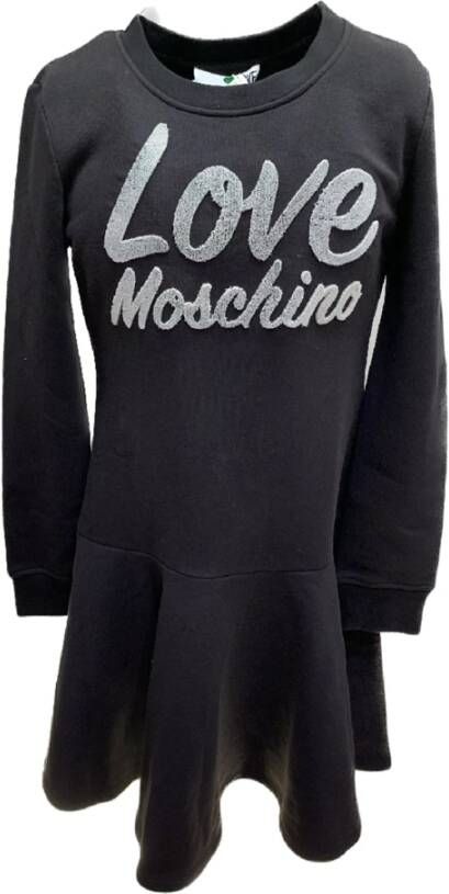 Love Moschino Zwarte Katoenen Jurk met Ingedrukt Fluweel Logo Black Dames