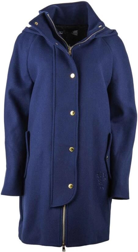 Love Moschino Blauwe Wollen Jas met Capuchon en Gouden Knoopsluiting Blue Dames