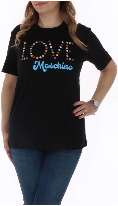 Love Moschino Zwarte katoenen T-shirt met multicolor logo Zwart Dames