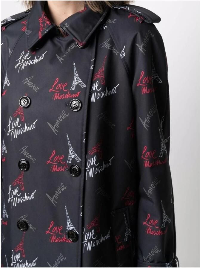 Love Moschino Elegante zwarte knoopmantel met iconisch ontwerp Multicolor Dames