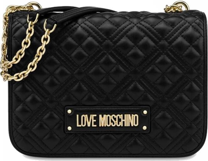 Moschino Gewatteerde zwarte schoudertas met gouden logo Black Dames