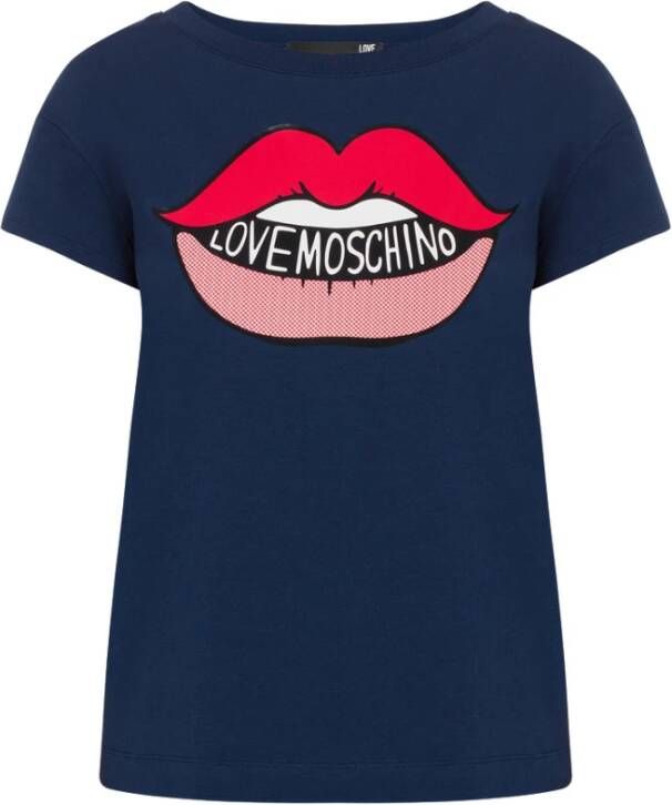 Love Moschino Grafische Lippen Print Navy Blauw T-Shirt Blue Dames