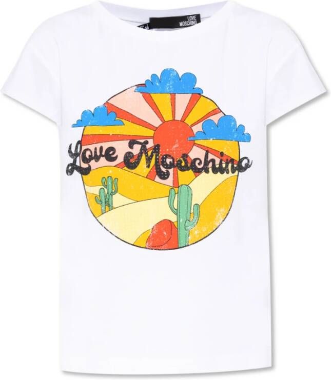 Love Moschino Katoenen T-shirt met Grafische Print en Reliëf Applicaties White Dames