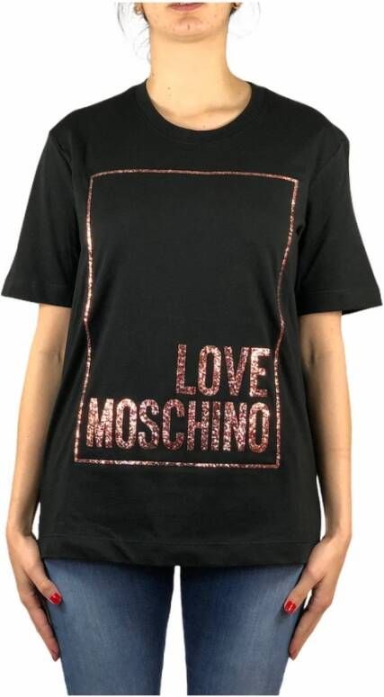 Love Moschino Katoenen T-shirt met reliëf glitterlogo Black Dames