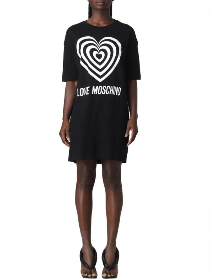 Love Moschino Zwarte T-shirt Jurk met Hartprint Zwart Dames