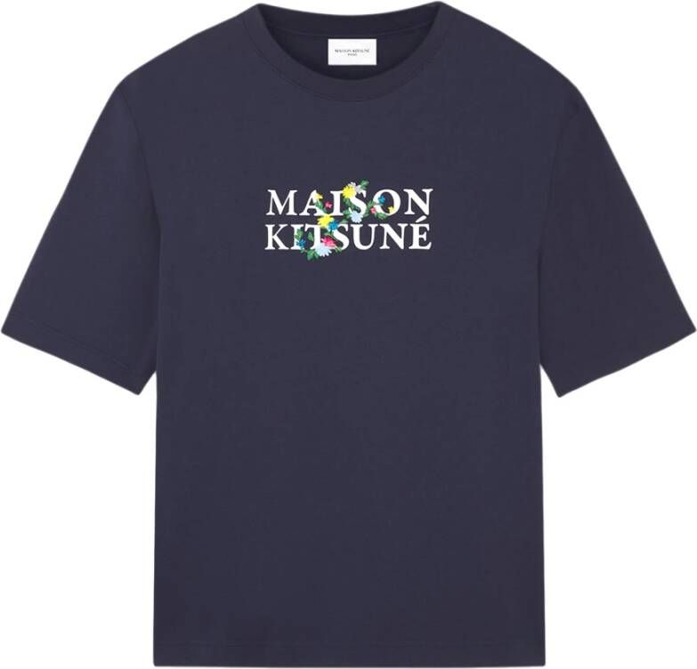 Maison Kitsuné Bloemenprint Katoenen T-Shirt Blauw Heren