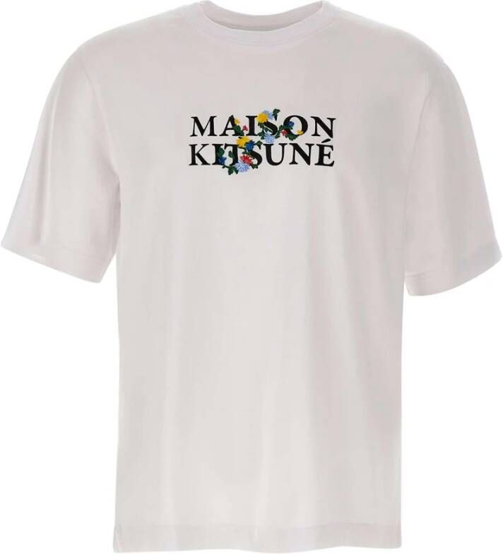 Maison Kitsuné Heren Wit Katoenen T-shirt met Geborduurd Logo White Heren