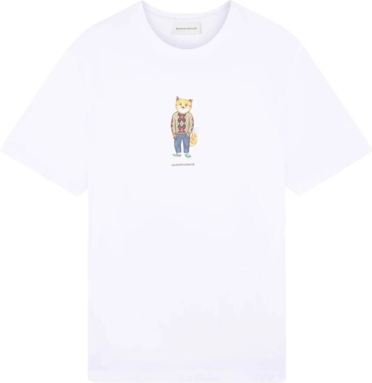 Maison Kitsuné Katoenen T-shirt met geklede vossenprint White Heren