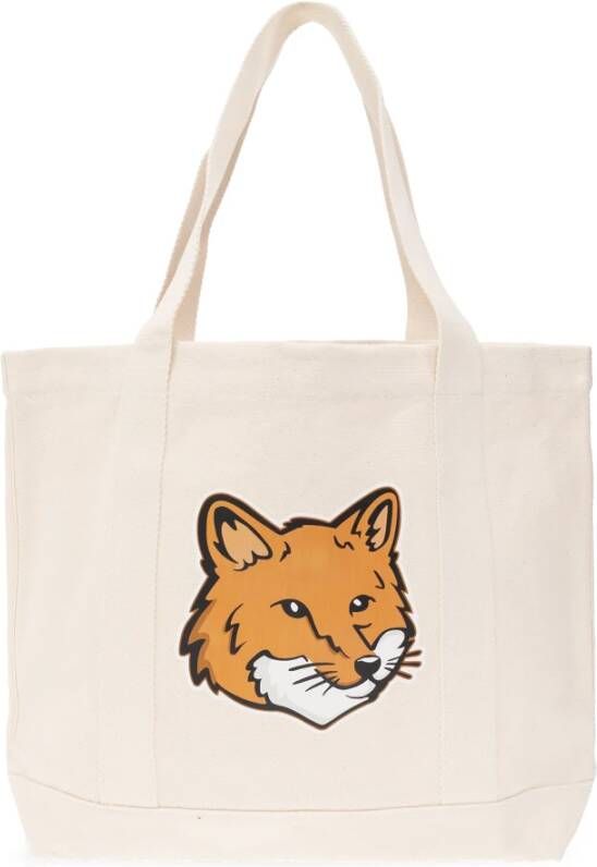 Maison Kitsuné Canvas Tote Bag met Fox Head Print Beige