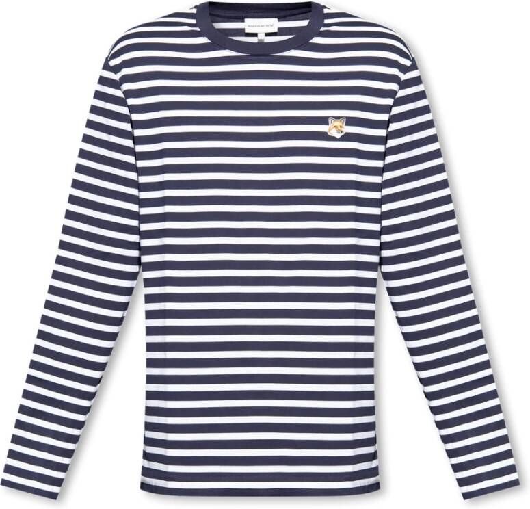 Maison Kitsuné Navy Gestreept Fox Logo Longsleeve T-Shirt Blue Heren