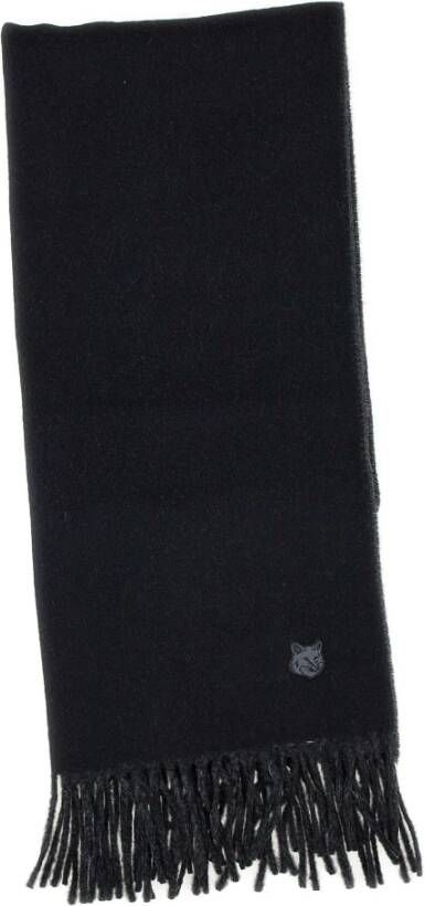 Maison Kitsuné Zwarte Wollen Sjaal met Franjes en Vos Logo Black Heren
