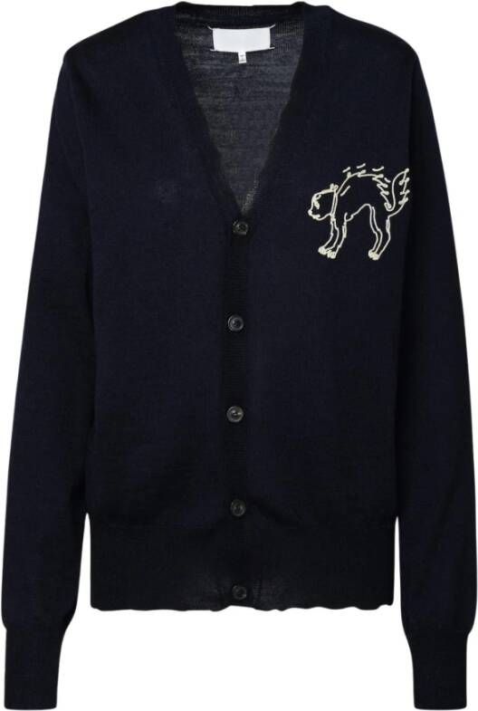 Maison Margiela Blauwe Wollen V-Hals Cardigan met Borduursel Blauw Dames