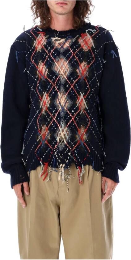 Maison Margiela Navy Multicolor Uitgesneden Gebreide Trui Aw23 Blauw Heren