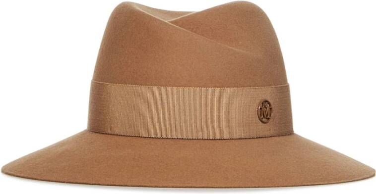 Maison Michel Beige Wollen Vilten Hoed met Metalen Logo Plaat Beige Dames