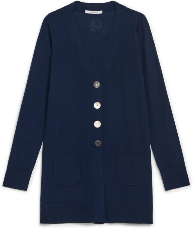 Maliparmi Merino Wol V-hals Cardigan met Contrasterende Grosgrain Blauw Dames