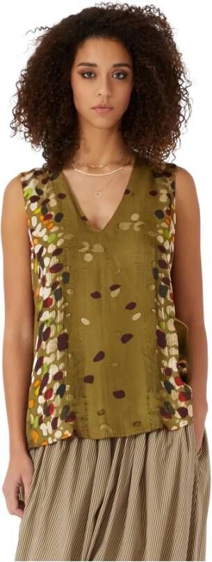 Manila Grace V -neck blouse in gedrukte glanzende viscose -kunst. C112Vs Groen Dames