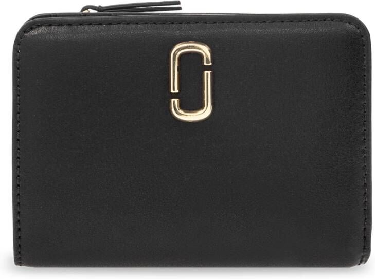 Marc Jacobs Zwarte Leren Mini Compact Portemonnee met Goudkleurig Logo Black Dames
