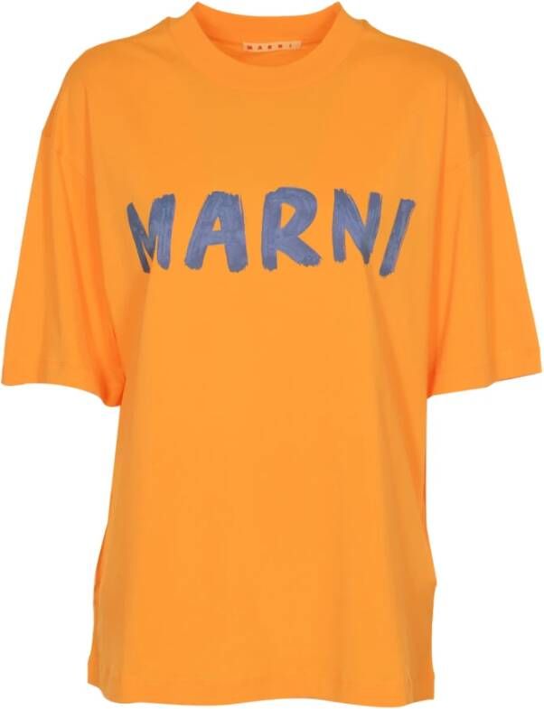 Marni Oranje Organisch Katoenen T-shirt met Maxi Blauw Logo Orange Dames