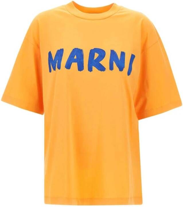 Marni Oranje Organisch Katoenen T-shirt met Maxi Blauw Logo Orange Dames