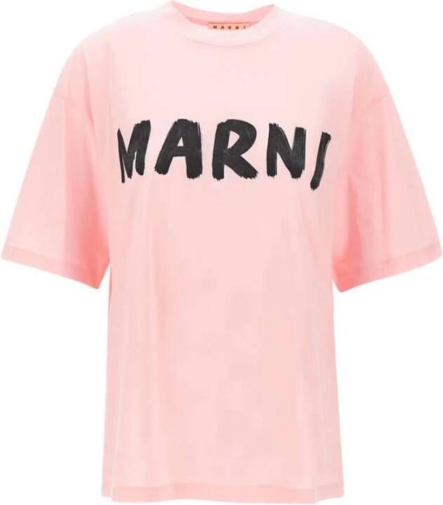 Marni Dames Roze Organisch Katoenen T-Shirt met Zwart Logo Roze Dames