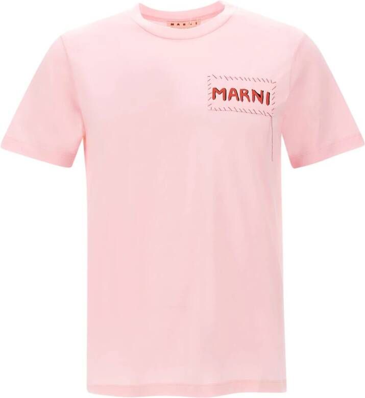 Marni Biologisch Katoenen T-Shirt met Tonal Applicatie Roze Heren