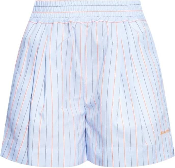 Marni Korte blauwe katoenen shorts met elastische tailleband en oranje witte en zwarte strepen Blauw Dames