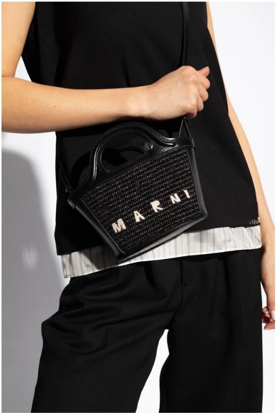 Marni Tropicalia micro tas leer en raffia-effect stof Black Dames - Foto 7