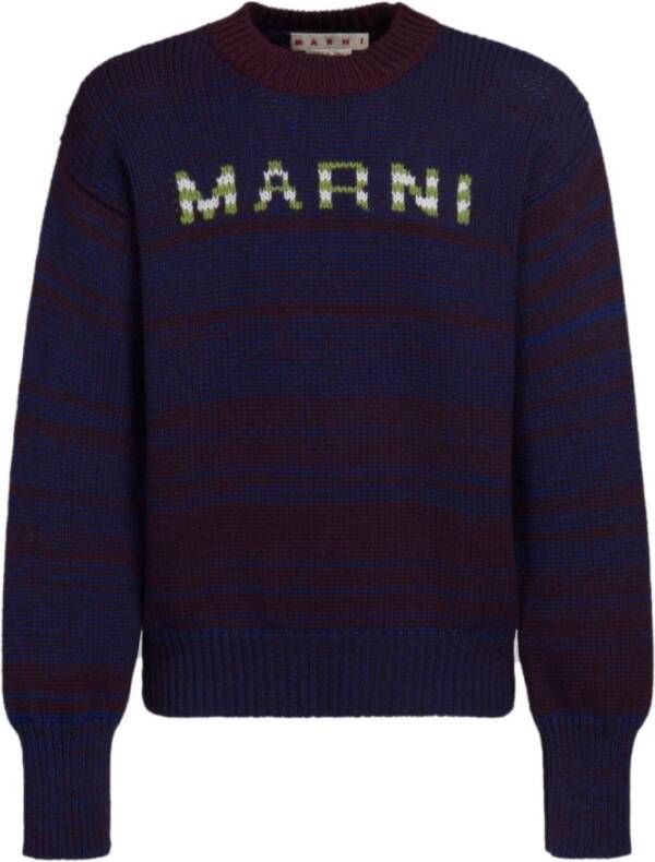 Marni Navy Logo Ronde Hals Sweater Blauw Heren