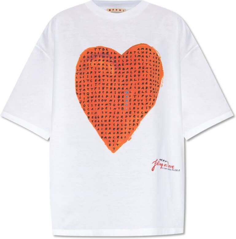 Marni Boxy T-shirt van biologisch katoen met Wordsearch Heart Print White Dames